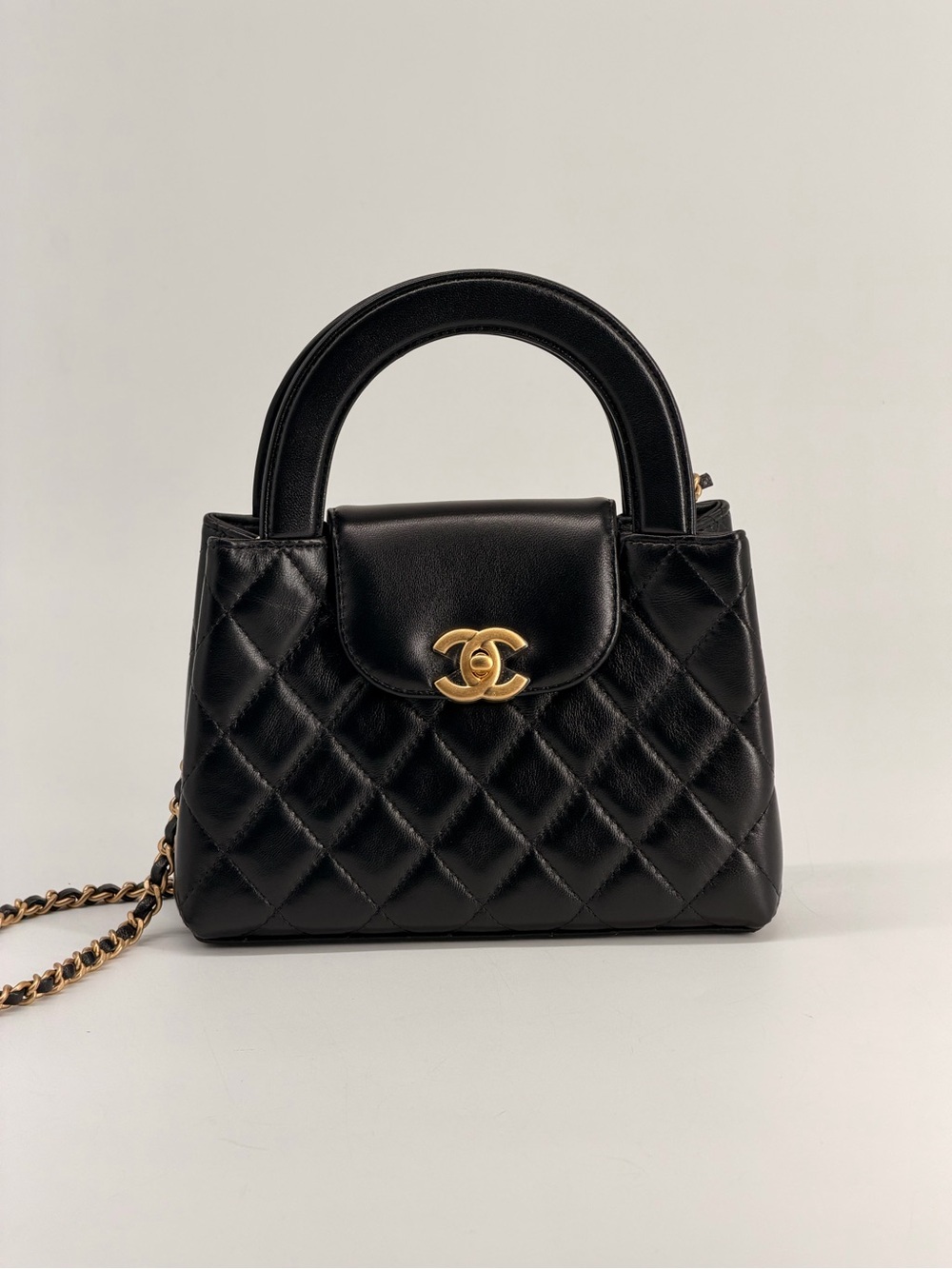 Chanel Mini Kelly Top Handle Shopping Bag Quilted Shiny Aged Calfskin Black